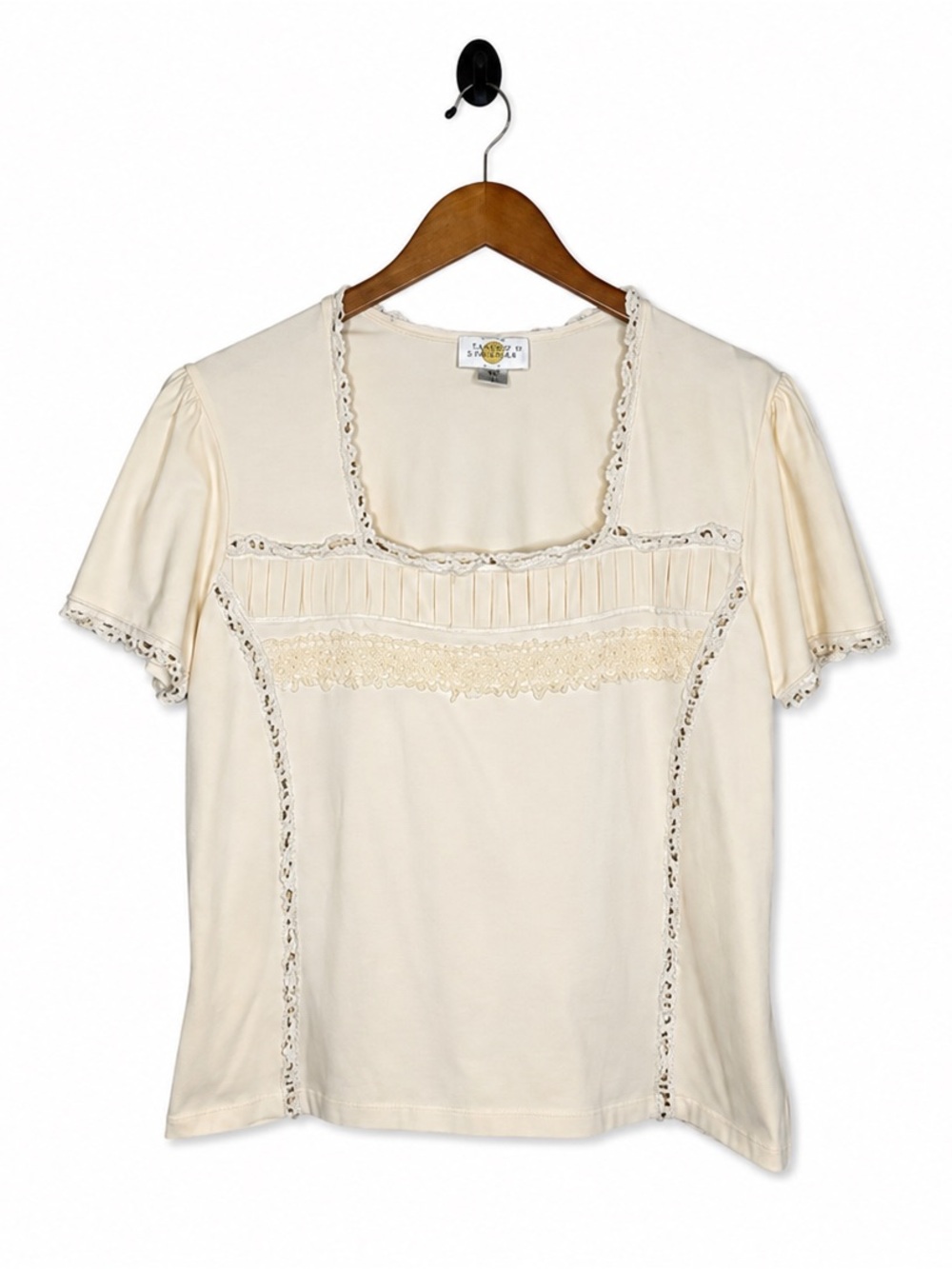Sandy Starkman Women’s XL Cream Square Neck  Top Crochet Trim Boho Cottagecore